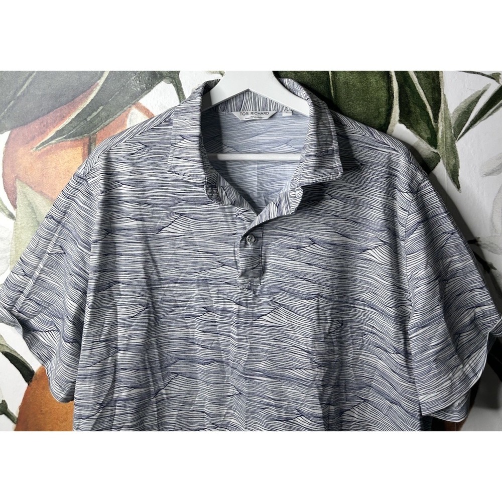 Tori Richard Polo Shirt Mens Large Tradewind Technology S/S Blue White Geometric - Picture 2 of 5